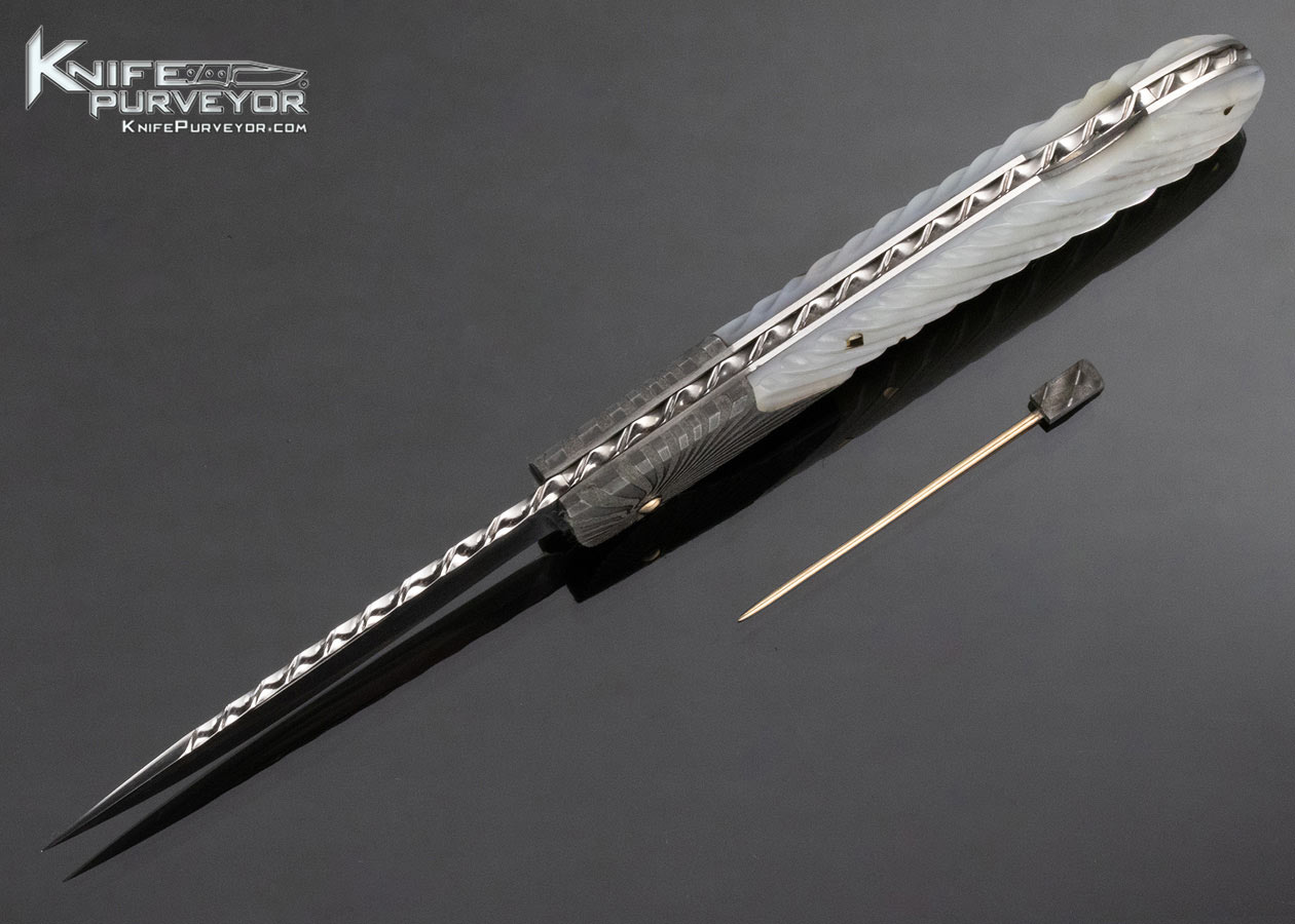 Joe Kious Custom Knife Fluted Pearl and Damascus Lockback with 14Kt Gold Toothpick - Image 5