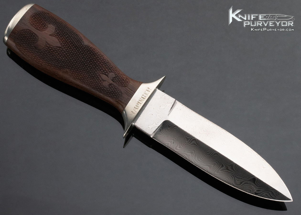 Tom Maringer Custom Knife Checkered Walnut Wood and Damascus Fixed Blade - Image 3