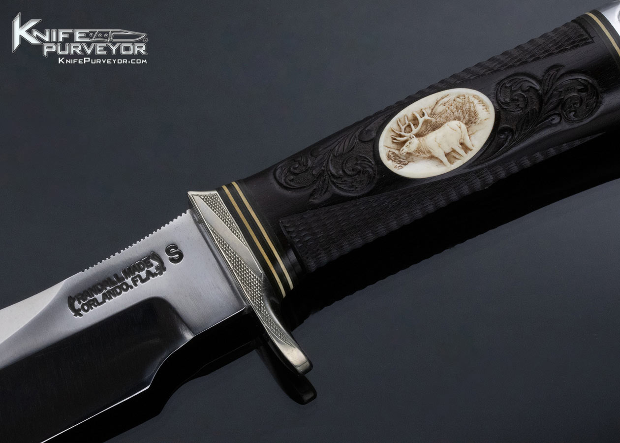 Randall Custom Knife 12-6 with Stainless Blade Carved and Engraved by T.W. Leschorn Cica 1971 Hand Tooled Roughback Leather Sheath - Image 2