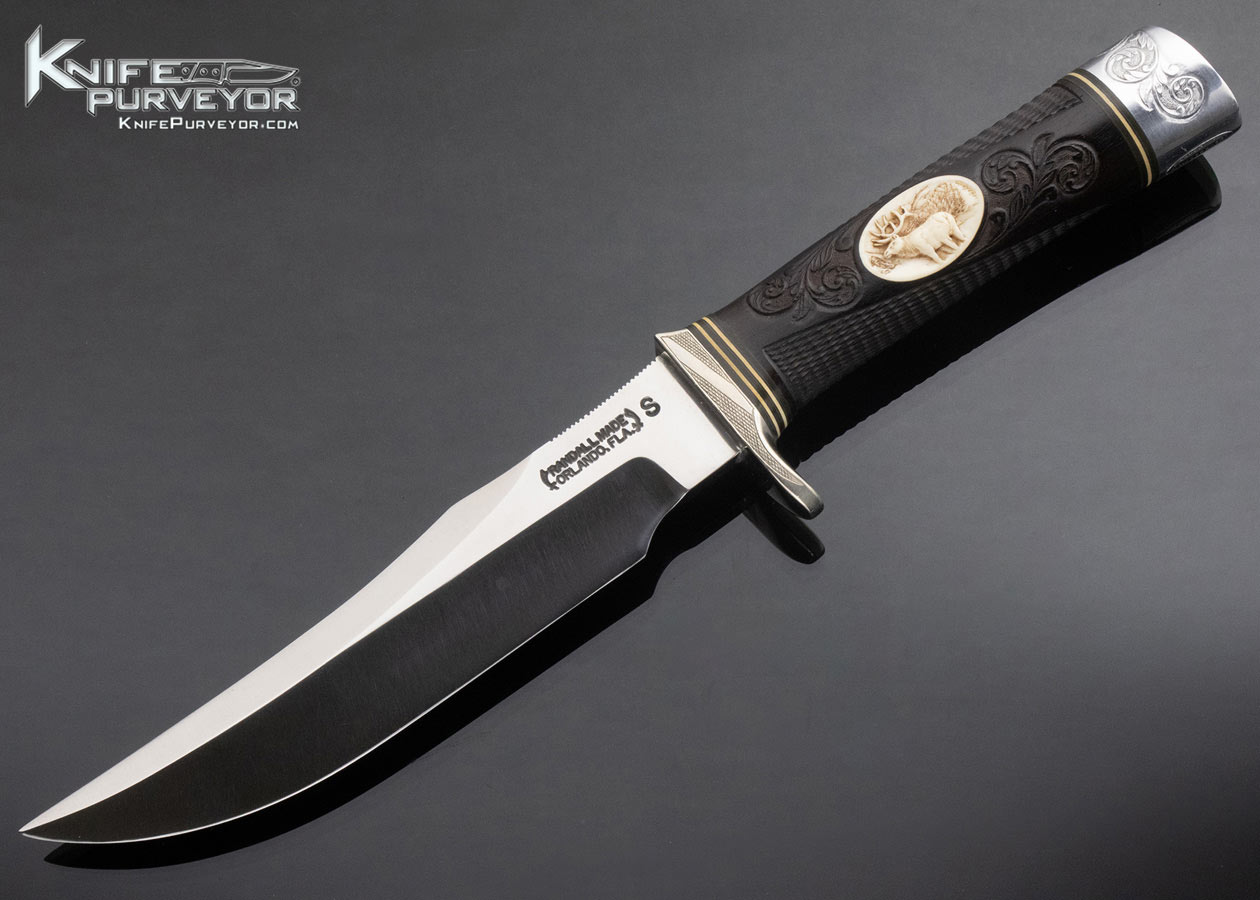 Randall Custom Knife 12-6 with Stainless Blade Carved and Engraved by T.W. Leschorn Cica 1971 Hand Tooled Roughback Leather Sheath 13832