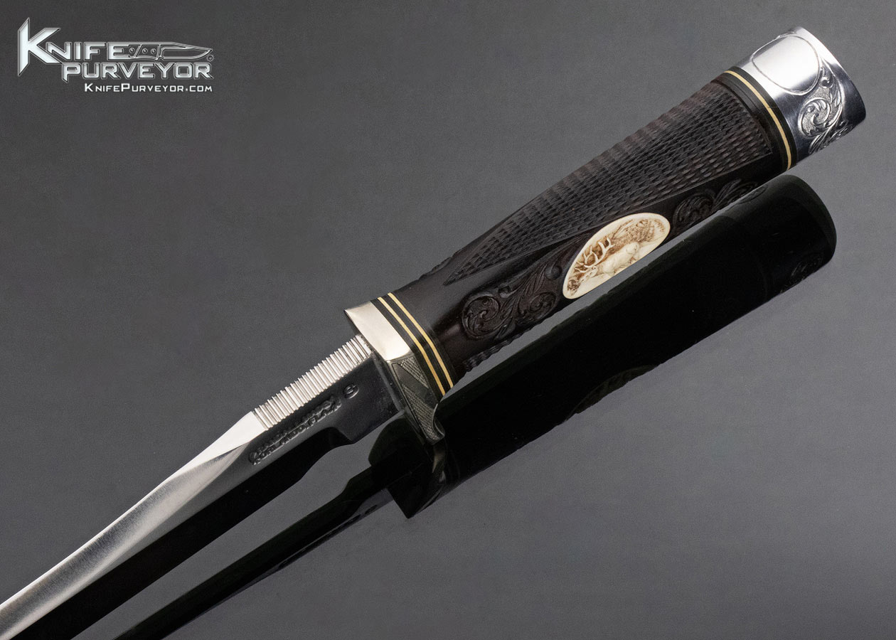 Randall Custom Knife 12-6 with Stainless Blade Carved and Engraved by T.W. Leschorn Cica 1971 Hand Tooled Roughback Leather Sheath - Image 6
