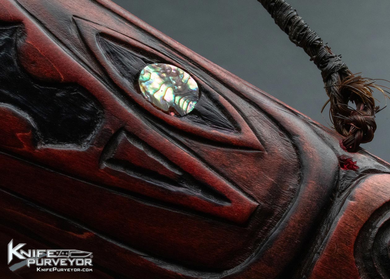 Ron Frazier Custom Knife Tribal Dagger with Carved Wood Scabbard with Abalone Inlays - Image 11