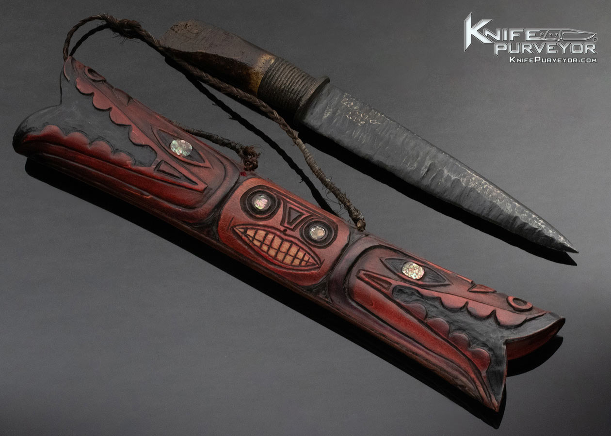 Ron Frazier Custom Knife Tribal Dagger with Carved Wood Scabbard with Abalone Inlays - Image 8