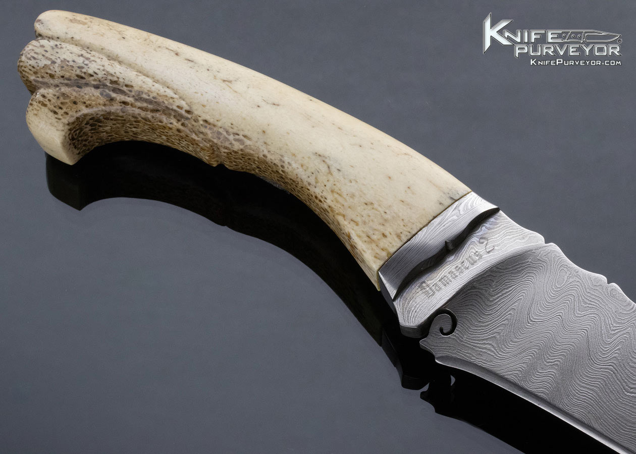 Sid Birt Custom Knife Carved Bone and Sole Authorship Damascus Fixed Blade - Image 4