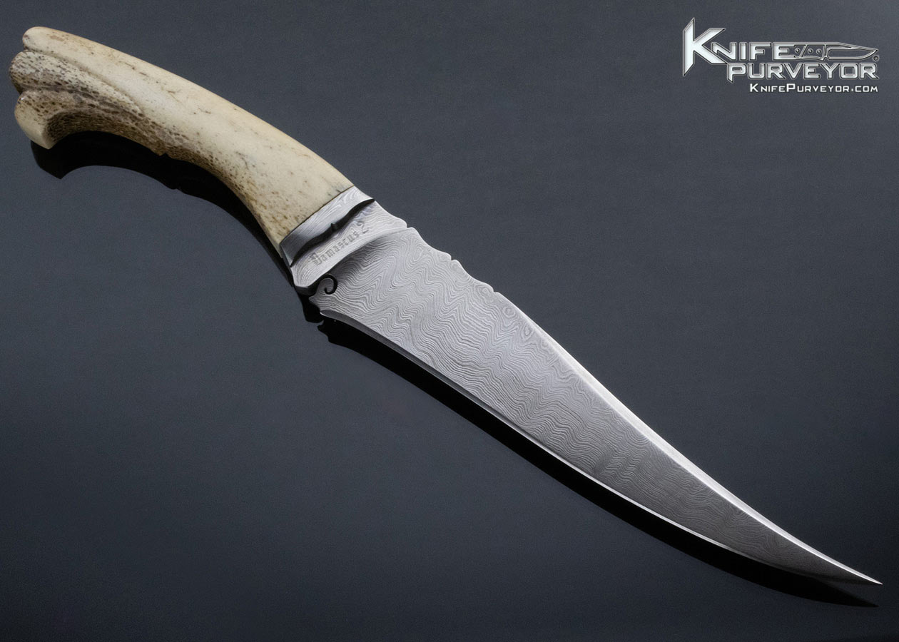 Sid Birt Custom Knife Carved Bone and Sole Authorship Damascus Fixed Blade - Image 3