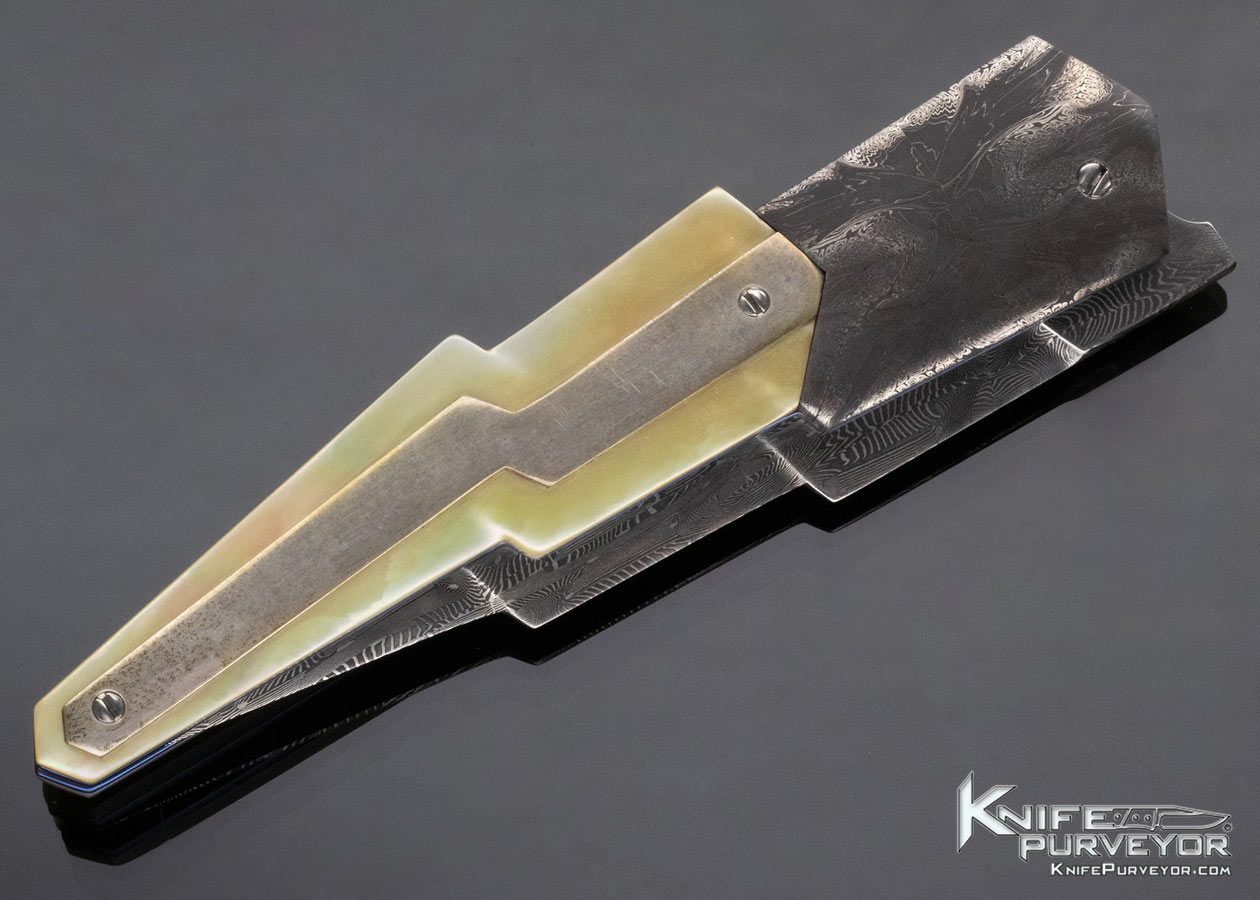 Stephen Olszewski Custom Knife Damascus and Gold Lip Pearl with Silver Lightning Bolt Linerlock - Image 5