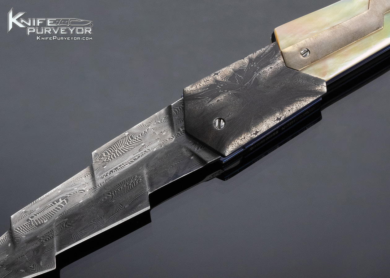 Stephen Olszewski Custom Knife Damascus and Gold Lip Pearl with Silver Lightning Bolt Linerlock - Image 2
