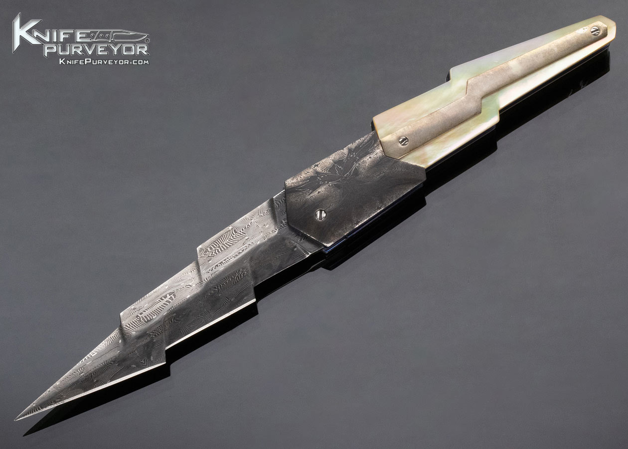 Stephen Olszewski Custom Kinfe Damascus and Gold Lip Pearl And Blue Lightning Bolt Linerlock 13867