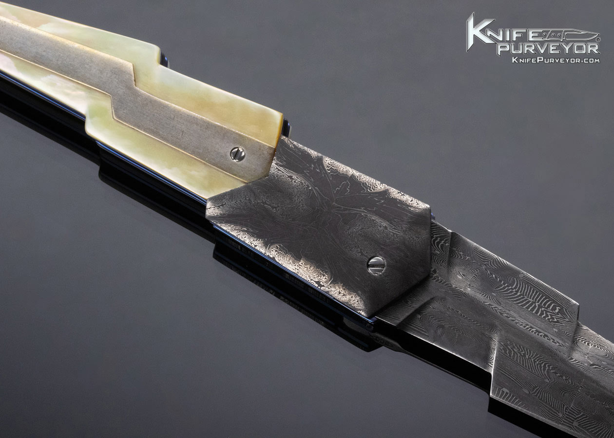 Stephen Olszewski Custom Knife Damascus and Gold Lip Pearl with Silver Lightning Bolt Linerlock - Image 4