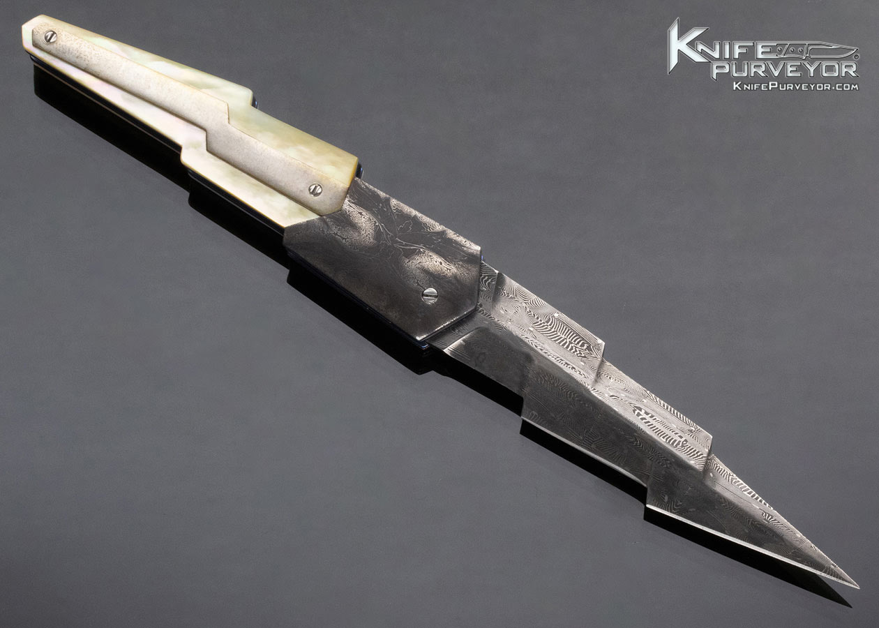 Stephen Olszewski Custom Knife Damascus and Gold Lip Pearl with Silver Lightning Bolt Linerlock - Image 3