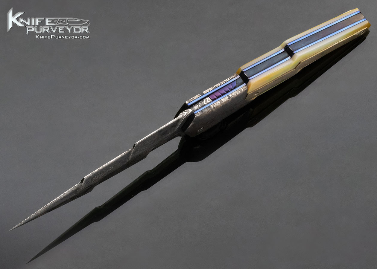 Stephen Olszewski Custom Knife Damascus and Gold Lip Pearl with Silver Lightning Bolt Linerlock - Image 6