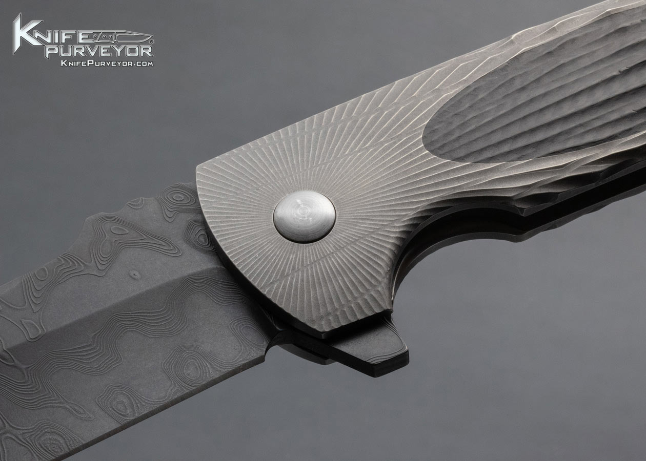 Les George Custom Knife Damascus and Milled Titanium with Carbon Insert "Rockeye" Flipper - Image 2