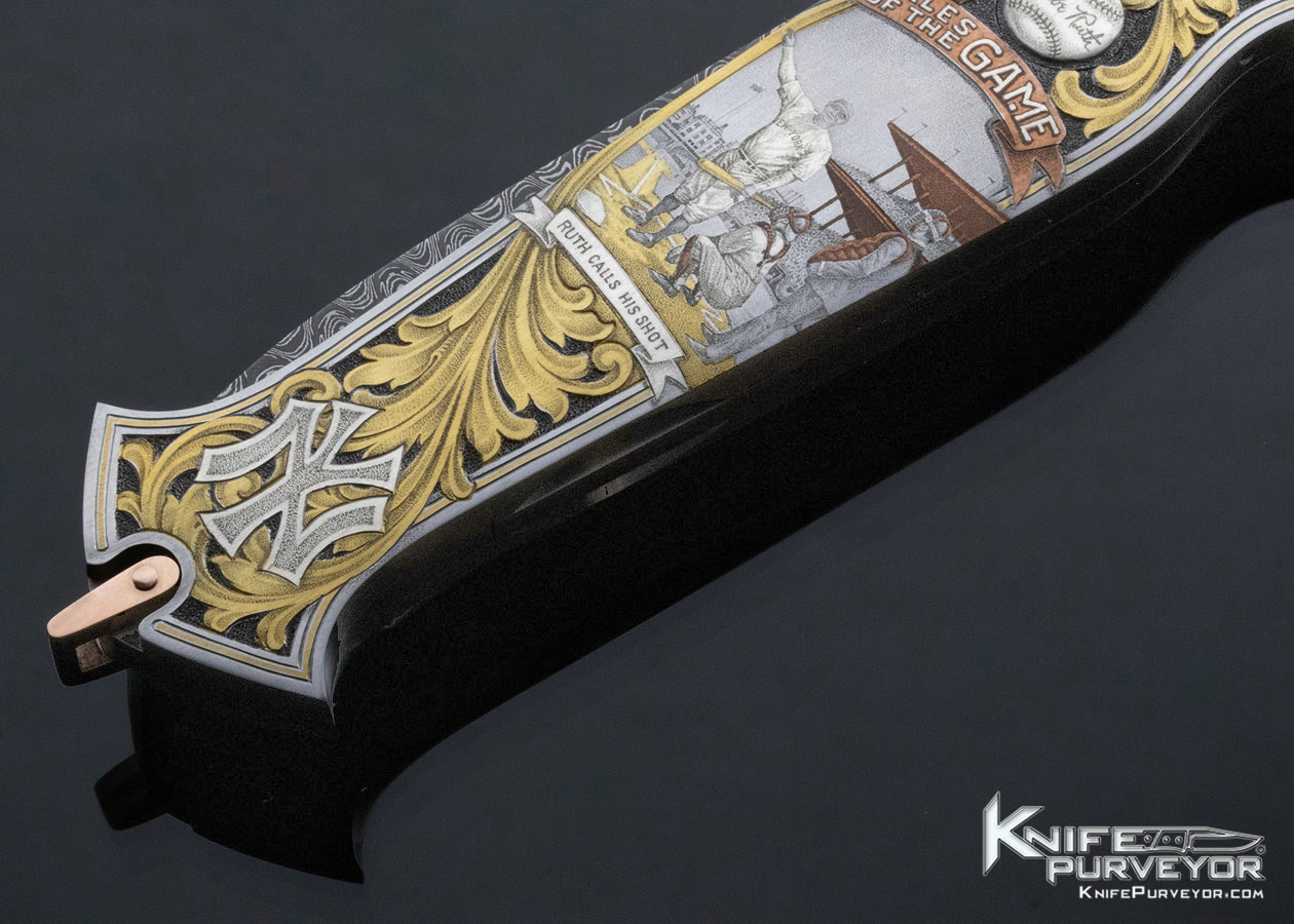 Warren Osborne Custom Knife American Master Engraver Jon Robyn Engraved "Babe Ruth Called Shot" Automatic Lockback with Damascus and 24Kt Gold Inlays - Image 9