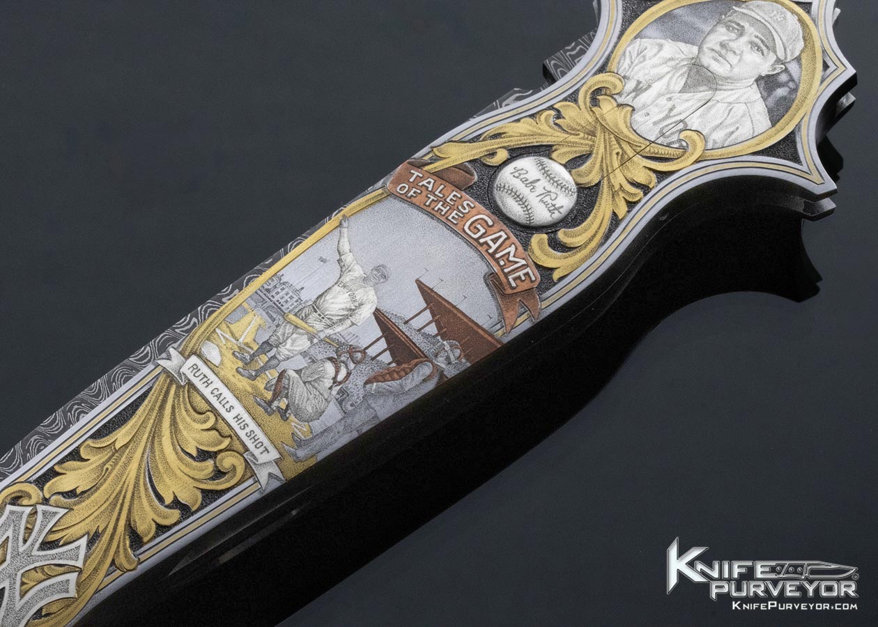Warren Osborne Custom Knife American Master Engraver Jon Robyn Engraved "Babe Ruth Called Shot" Automatic Lockback with Damascus and 24Kt Gold Inlays - Image 8