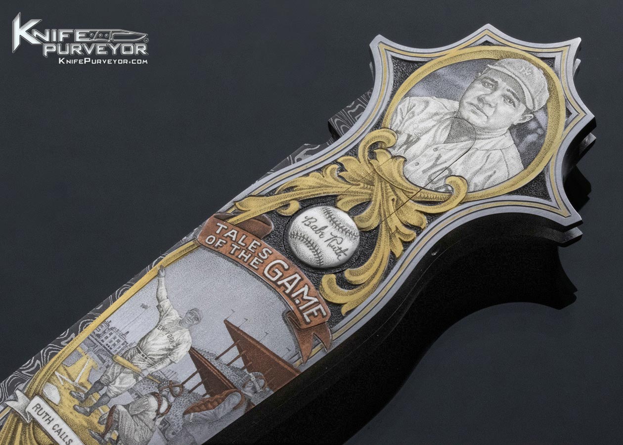 Warren Osborne Custom Knife American Master Engraver Jon Robyn Engraved "Babe Ruth Called Shot" Automatic Lockback with Damascus and 24Kt Gold Inlays - Image 2