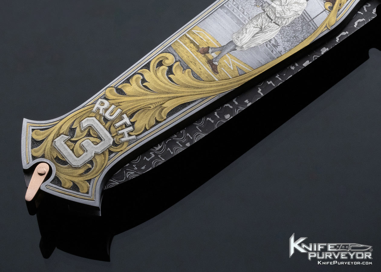 Warren Osborne Custom Knife American Master Engraver Jon Robyn Engraved "Babe Ruth Called Shot" Automatic Lockback with Damascus and 24Kt Gold Inlays - Image 6