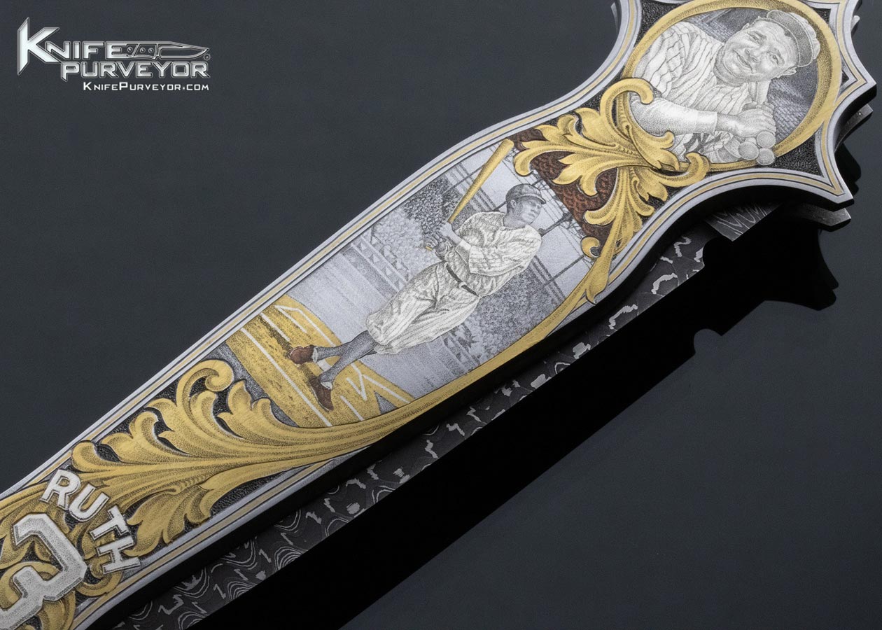 Warren Osborne Custom Knife American Master Engraver Jon Robyn Engraved "Babe Ruth Called Shot" Automatic Lockback with Damascus and 24Kt Gold Inlays - Image 5