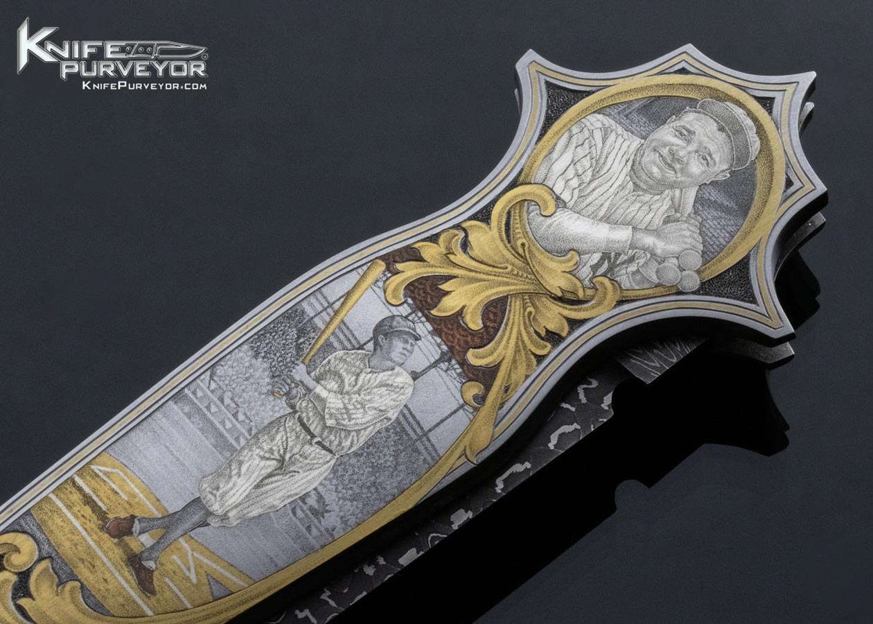 Warren Osborne Custom Knife American Master Engraver Jon Robyn Engraved "Babe Ruth Called Shot" Automatic Lockback with Damascus and 24Kt Gold Inlays - Image 3