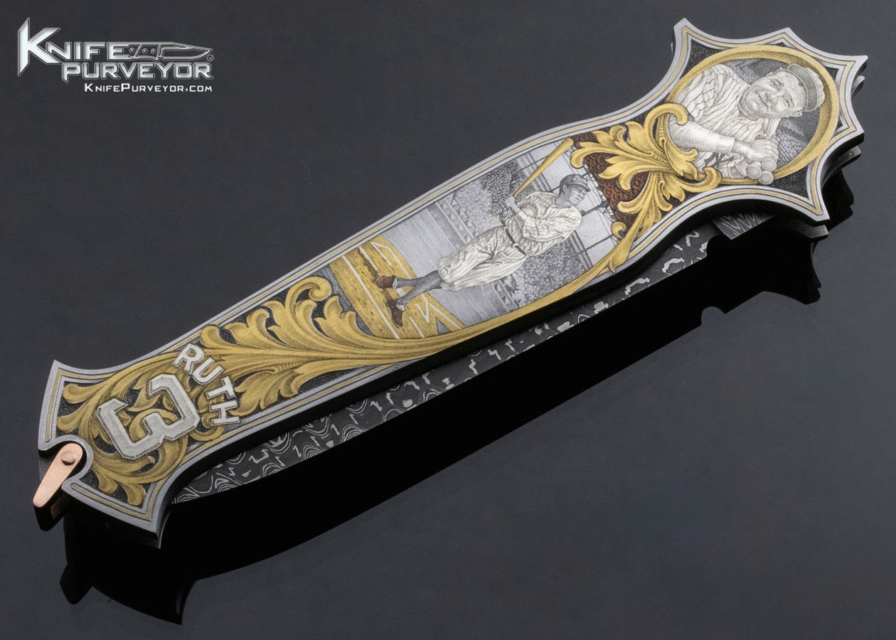 Warren Osborne Custom Knife American Master Engraver Jon Robyn Engraved "Babe Ruth Called Shot" Automatic Lockback with Damascus and 24Kt Gold Inlays - Image 4