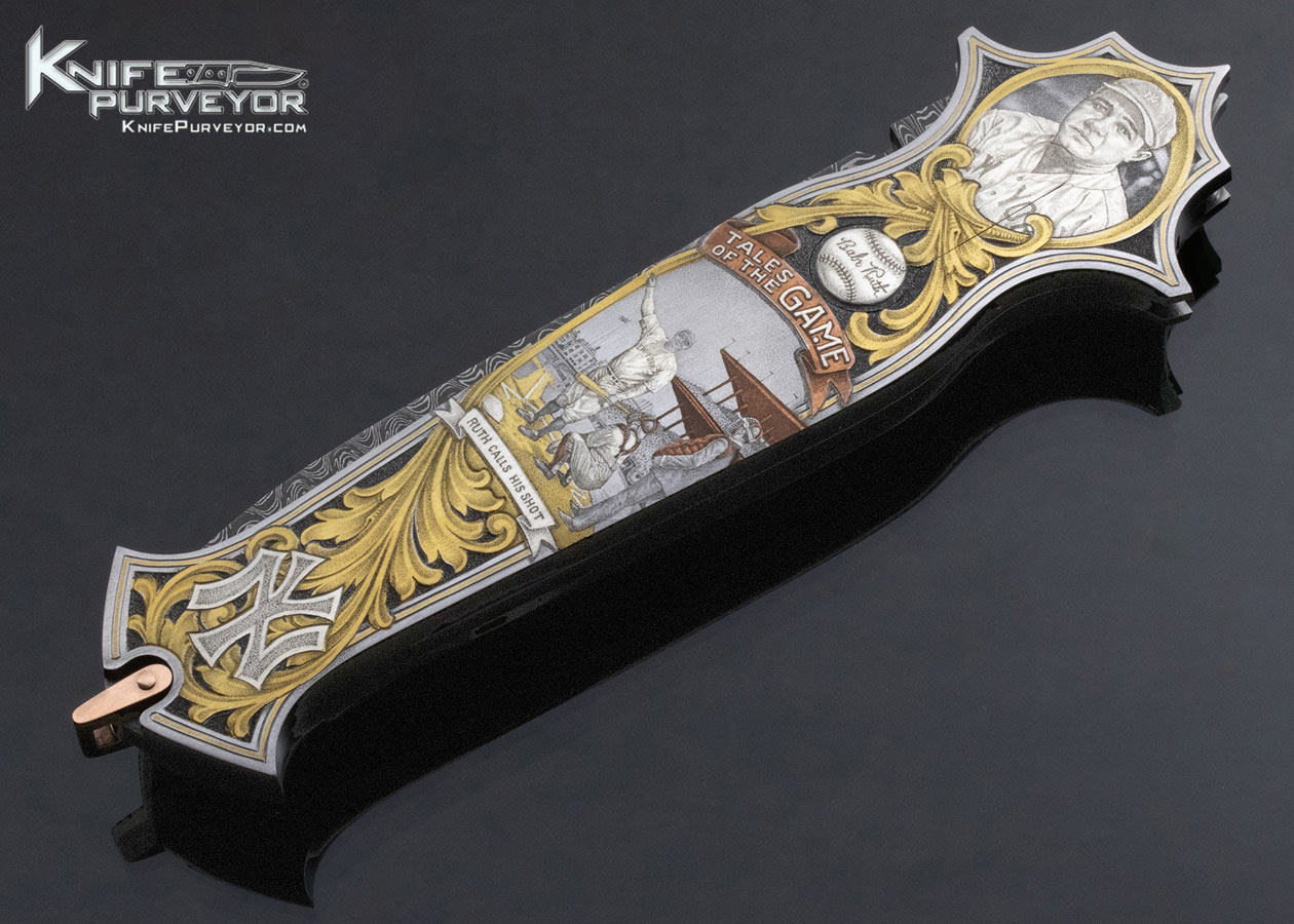 Warren Osborne Custom Knife American Master Engraver Jon Robyn Engraved "Babe Ruth Called Shot" Automatic Lockback with Damascus and 24Kt Gold Inlays - Image 7