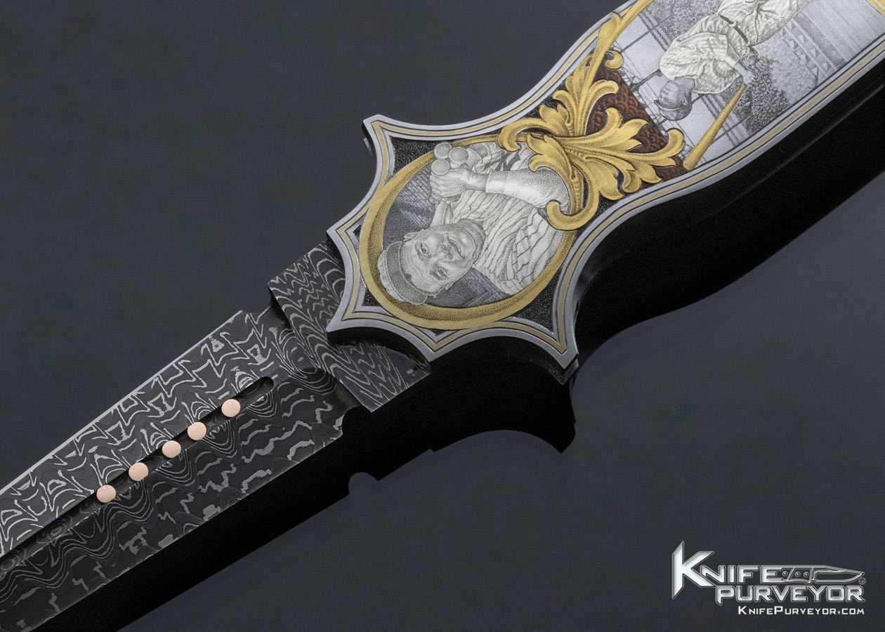 Warren Osborne Custom Knife American Master Engraver Jon Robyn Engraved "Babe Ruth Called Shot" Automatic Lockback with Damascus and 24Kt Gold Inlays - Image 10