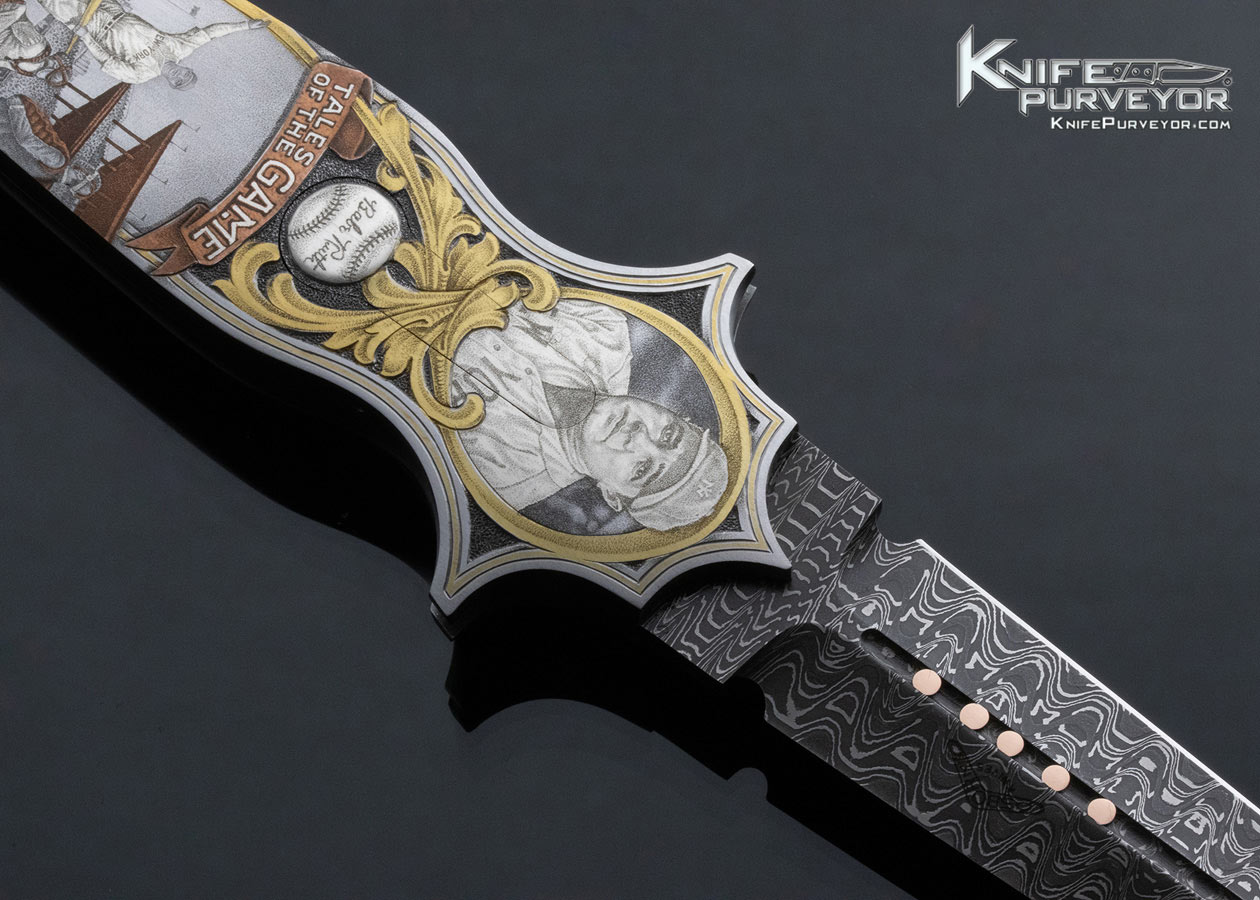 Warren Osborne Custom Knife American Master Engraver Jon Robyn Engraved "Babe Ruth Called Shot" Automatic Lockback with Damascus and 24Kt Gold Inlays - Image 11
