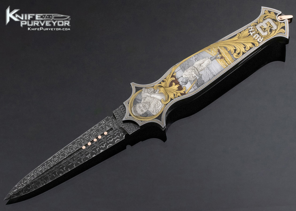 Warren Osborne Custom Knife American Master Engraver Jon Robyn Engraved "Babe Ruth Called Shot" Automatic Lockback with Damascus and 24Kt Gold Inlays 6044