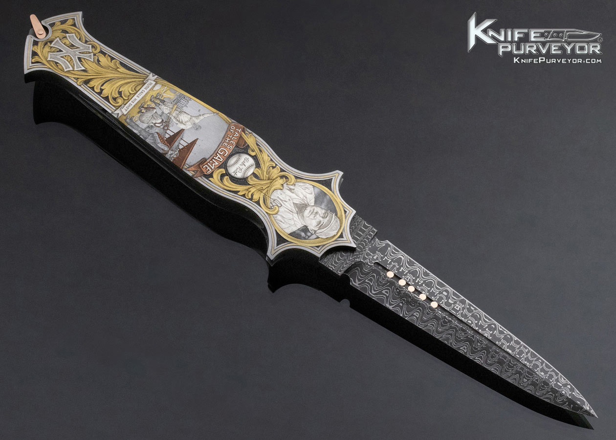 Warren Osborne Custom Knife American Master Engraver Jon Robyn Engraved "Babe Ruth Called Shot" Automatic Lockback with Damascus and 24Kt Gold Inlays - Image 12