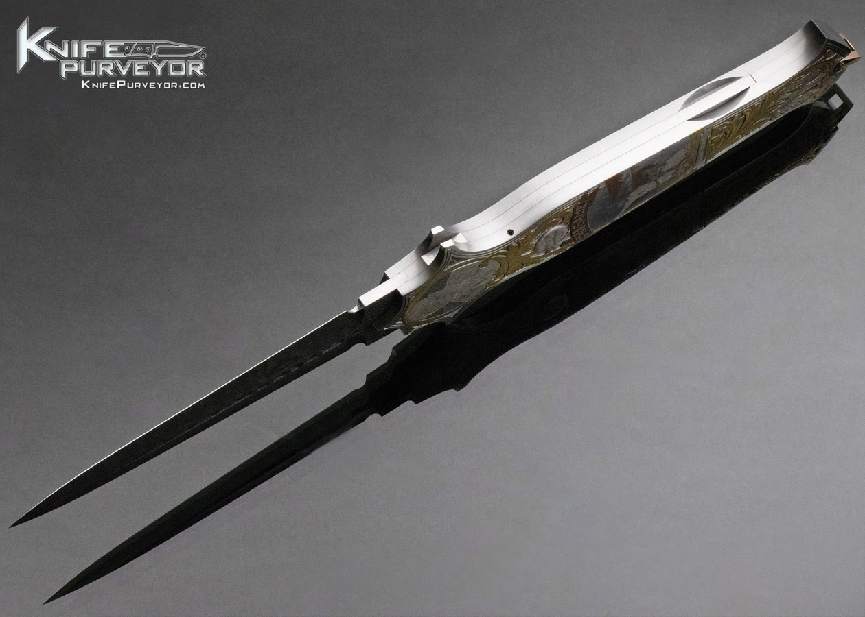 Warren Osborne Custom Knife American Master Engraver Jon Robyn Engraved "Babe Ruth Called Shot" Automatic Lockback with Damascus and 24Kt Gold Inlays - Image 13