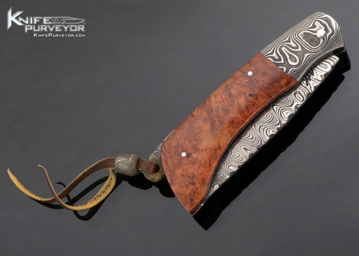 Wayne Valachovic Custom Knife Burl Wood and Sole Authorship Damascus Lanyard Lock Folder - Image 4