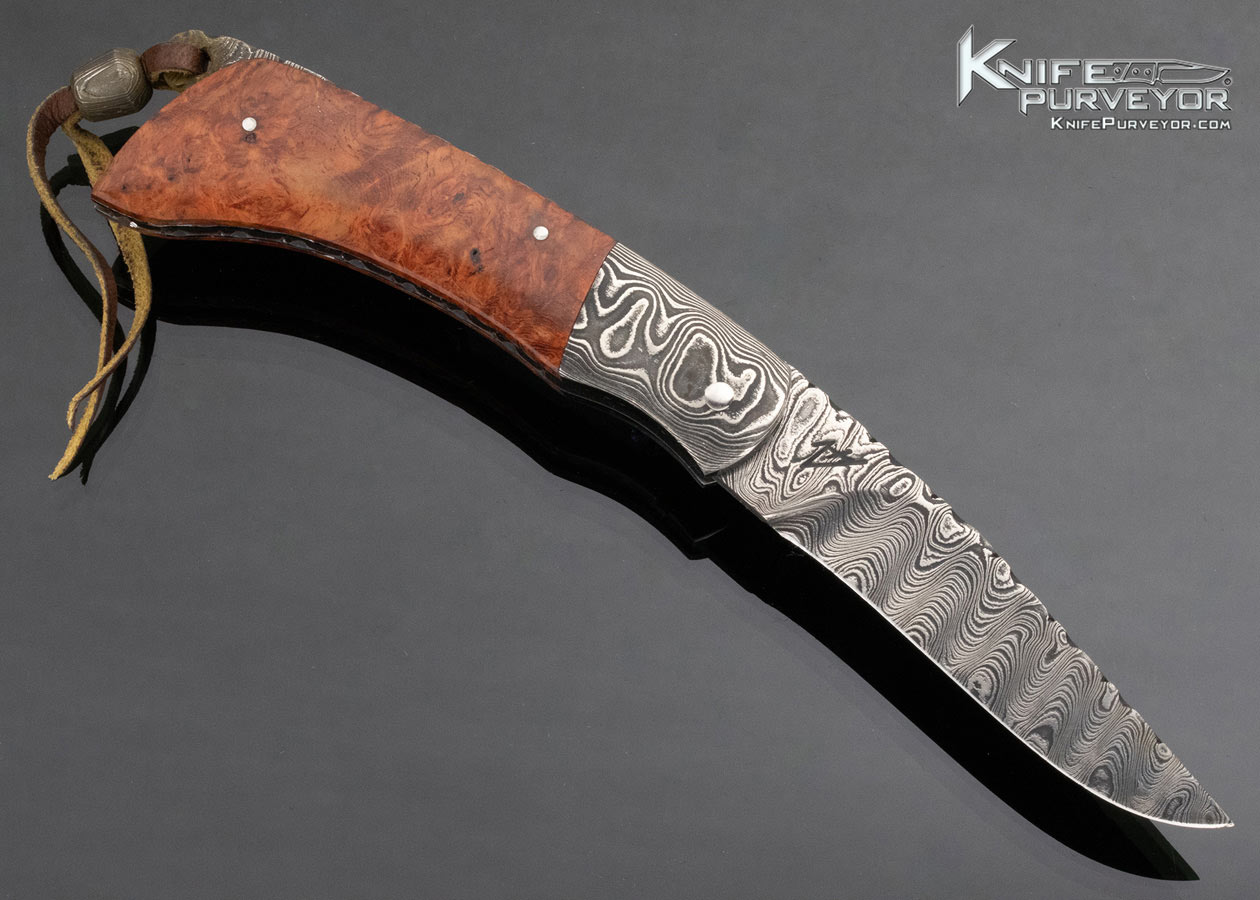 Wayne Valachovic Custom Knife Burl Wood and Sole Authorship Damascus Lanyard Lock Folder - Image 2