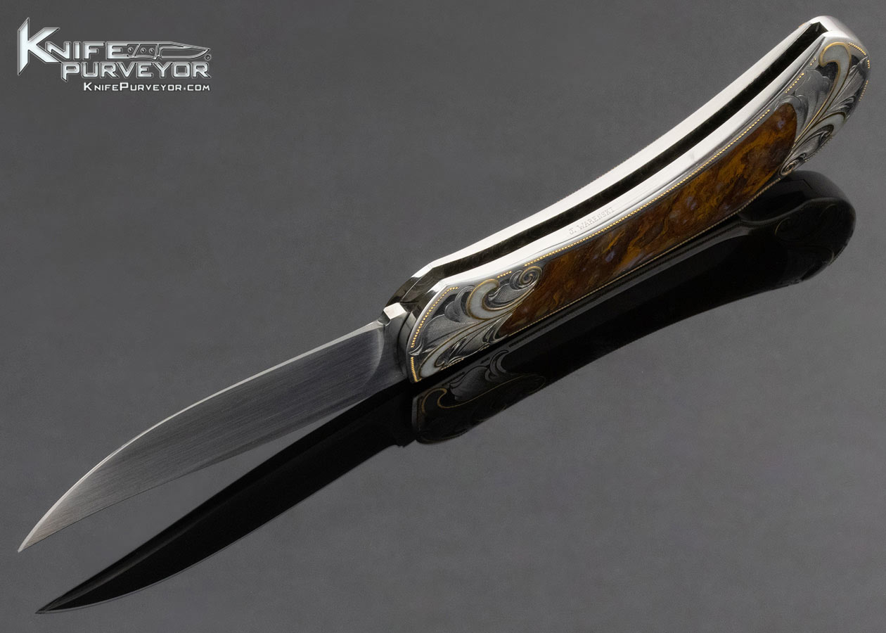 Buster Warenski Custom Knife Julie Warenski Engraved Agate Interframe Lockback with Jade and 24Kt Gold Inlays - Image 6