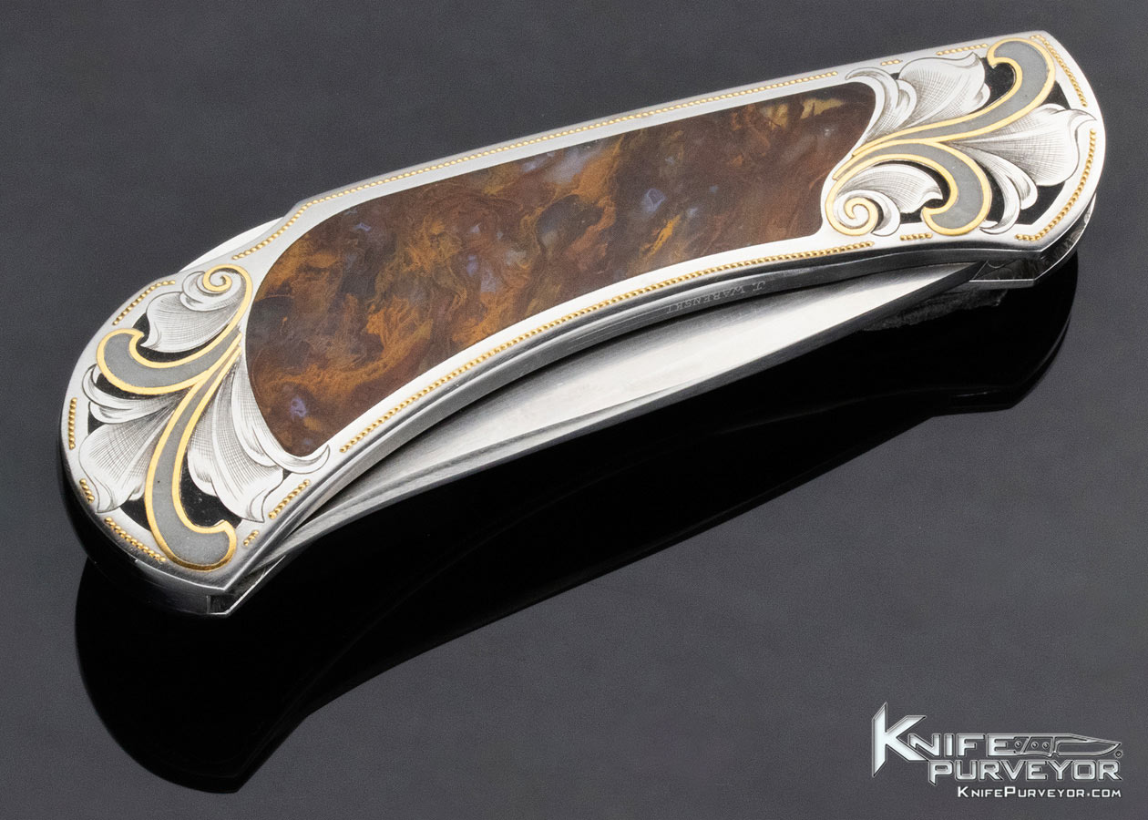 Buster Warenski Custom Knife Julie Warenski Engraved Agate Interframe Lockback with Jade and 24Kt Gold Inlays - Image 5