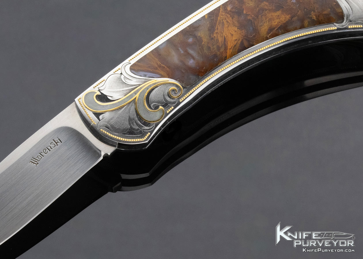 Buster Warenski Custom Knife Julie Warenski Engraved Agate Interframe Lockback with Jade and 24Kt Gold Inlays - Image 2