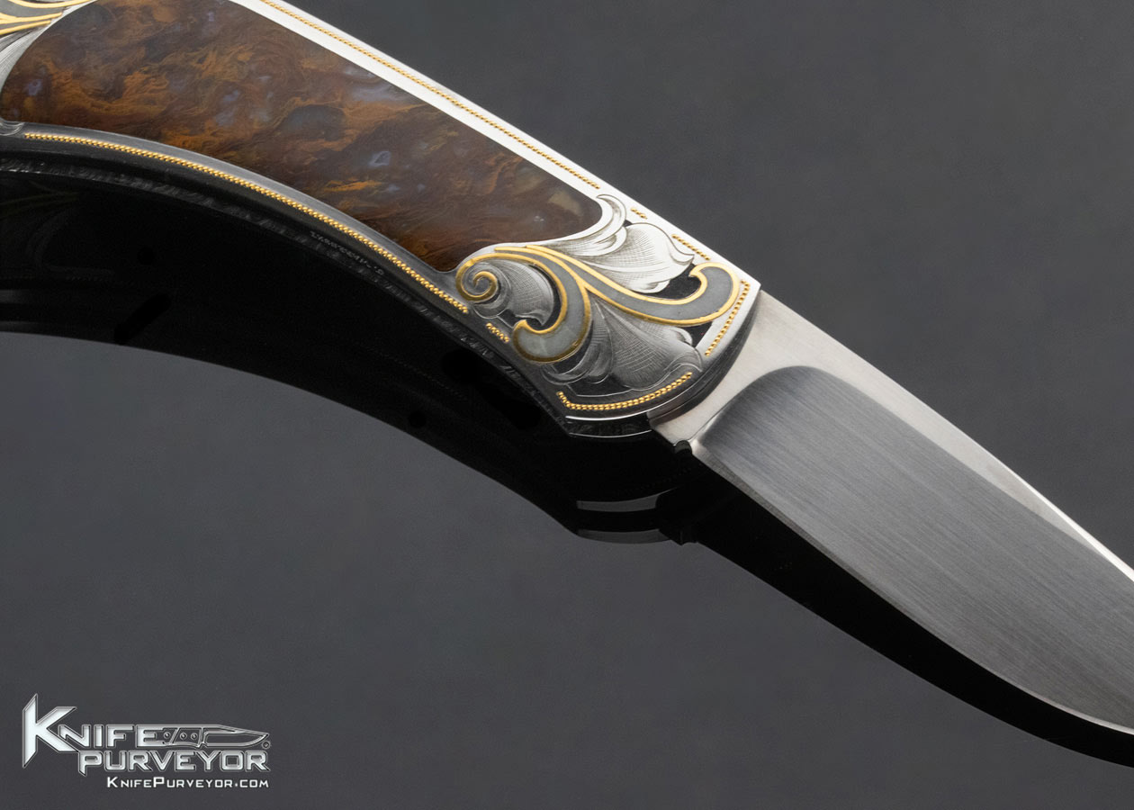 Buster Warenski Custom Knife Julie Warenski Engraved Agate Interframe Lockback with Jade and 24Kt Gold Inlays - Image 4