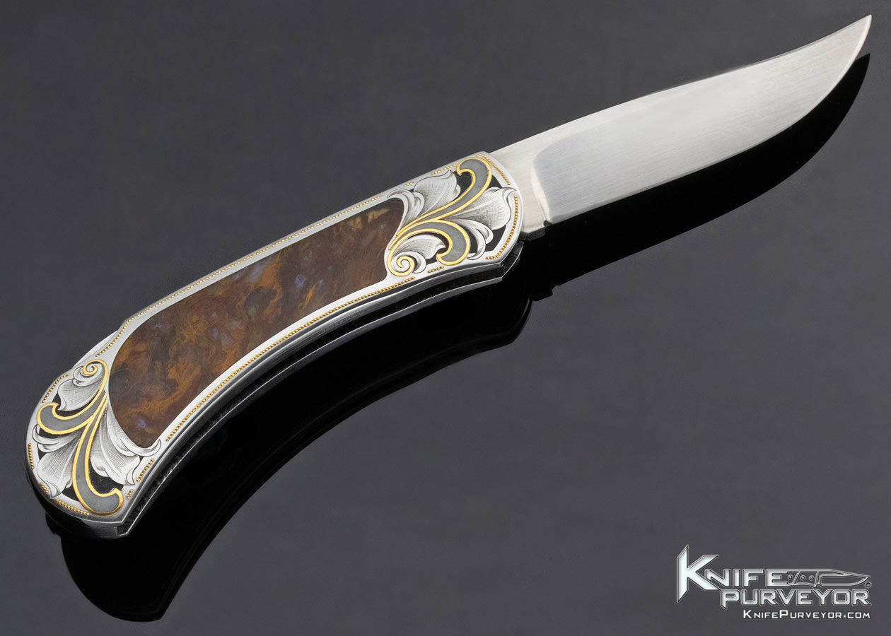 Buster Warenski Custom Knife Julie Warenski Engraved Agate Interframe Lockback with Jade and 24Kt Gold Inlays 14421