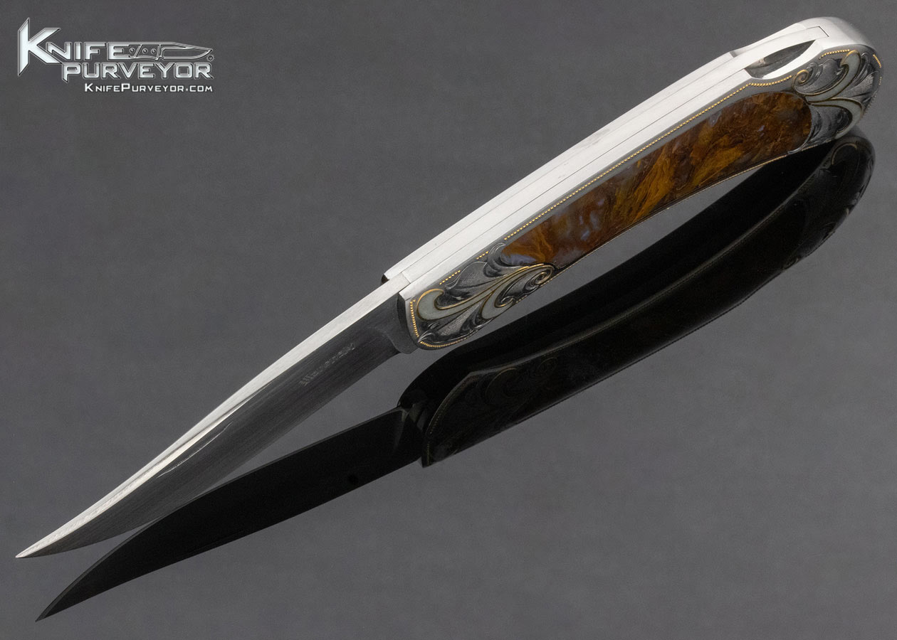 Buster Warenski Custom Knife Julie Warenski Engraved Agate Interframe Lockback with Jade and 24Kt Gold Inlays - Image 7