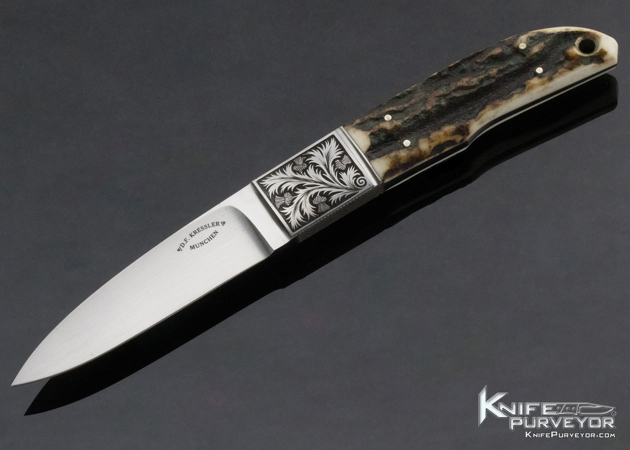 Dietmar Kressler Custom Knife Unknown Engraved Stag Utility Knife 14423