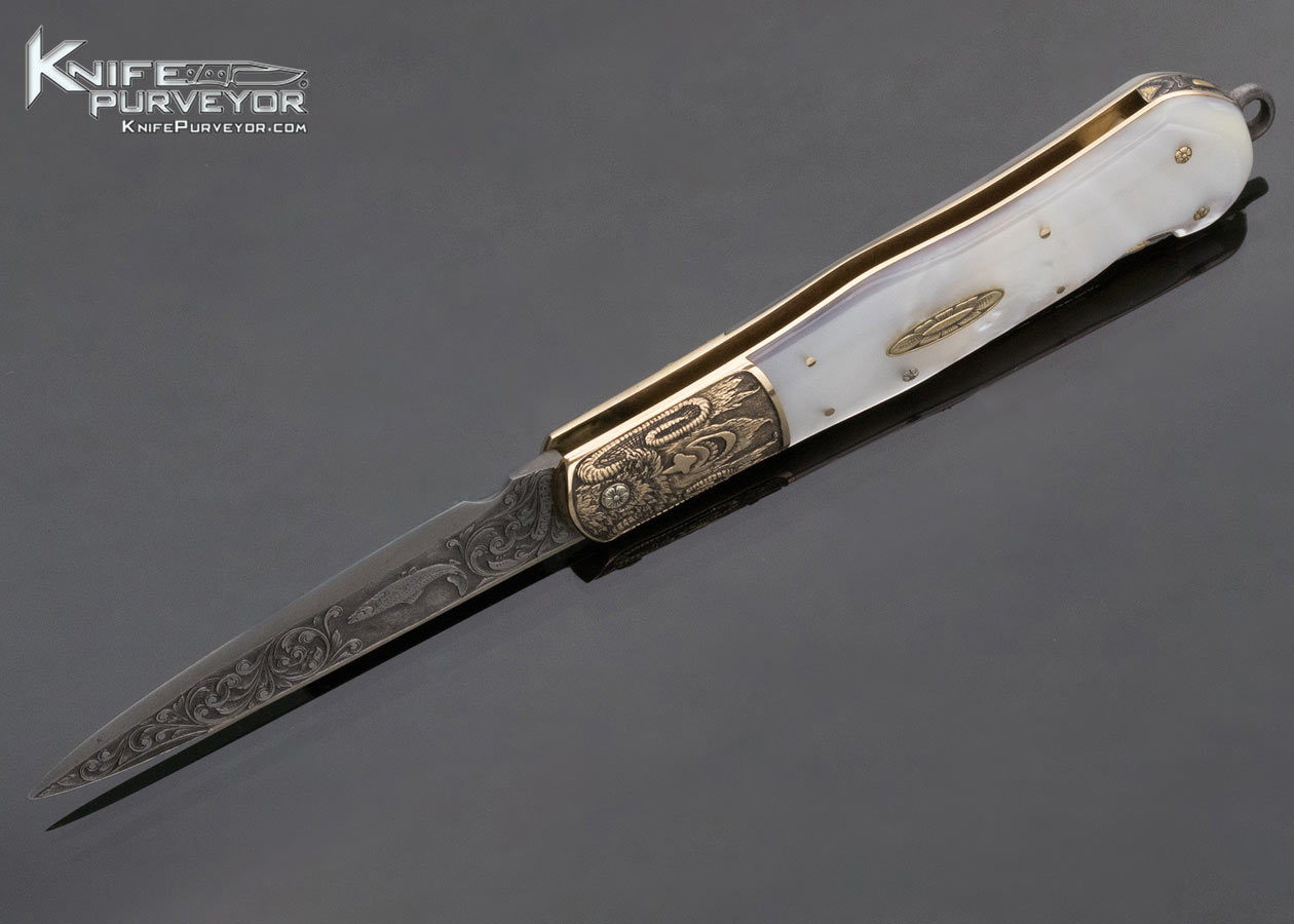 H.H. Frank Custom Knife October 10, 1992 Sole Authorship Engraved Gold Bolster Mother of Pearl Lockback Dagger with Gold Toothpick 14418