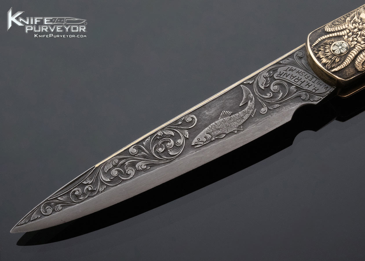 H.H. Frank Custom Knife October 10, 1992 Sole Authorship Engraved Gold Bolster Mother of Pearl Lockback Dagger with Gold Toothpick - Image 3