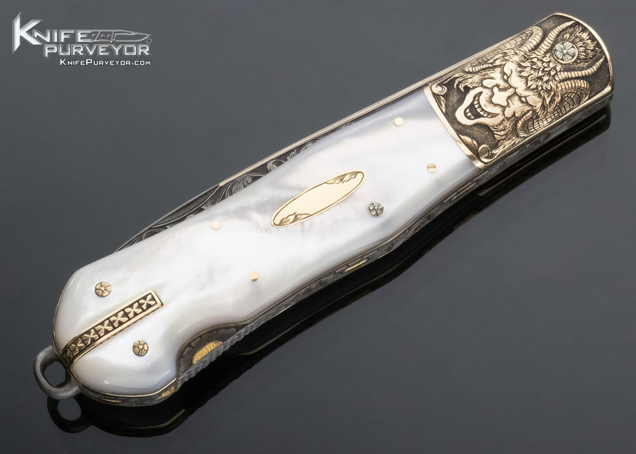 H.H. Frank Custom Knife October 10, 1992 Sole Authorship Engraved Gold Bolster Mother of Pearl Lockback Dagger with Gold Toothpick - Image 5