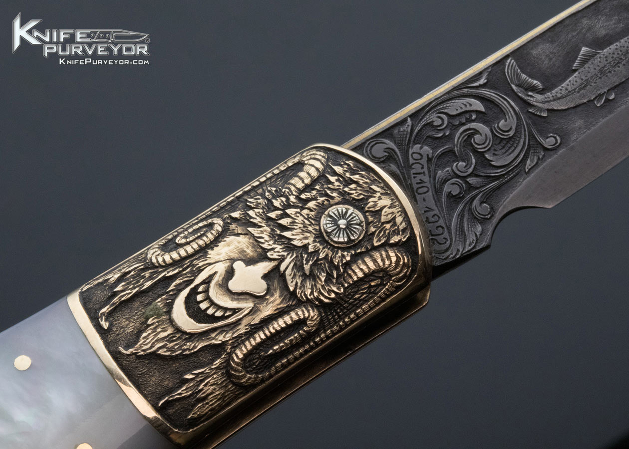 H.H. Frank Custom Knife October 10, 1992 Sole Authorship Engraved Gold Bolster Mother of Pearl Lockback Dagger with Gold Toothpick - Image 11