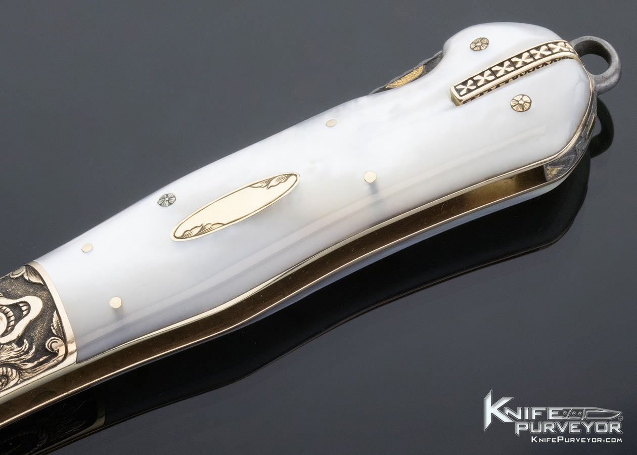 H.H. Frank Custom Knife October 10, 1992 Sole Authorship Engraved Gold Bolster Mother of Pearl Lockback Dagger with Gold Toothpick - Image 4
