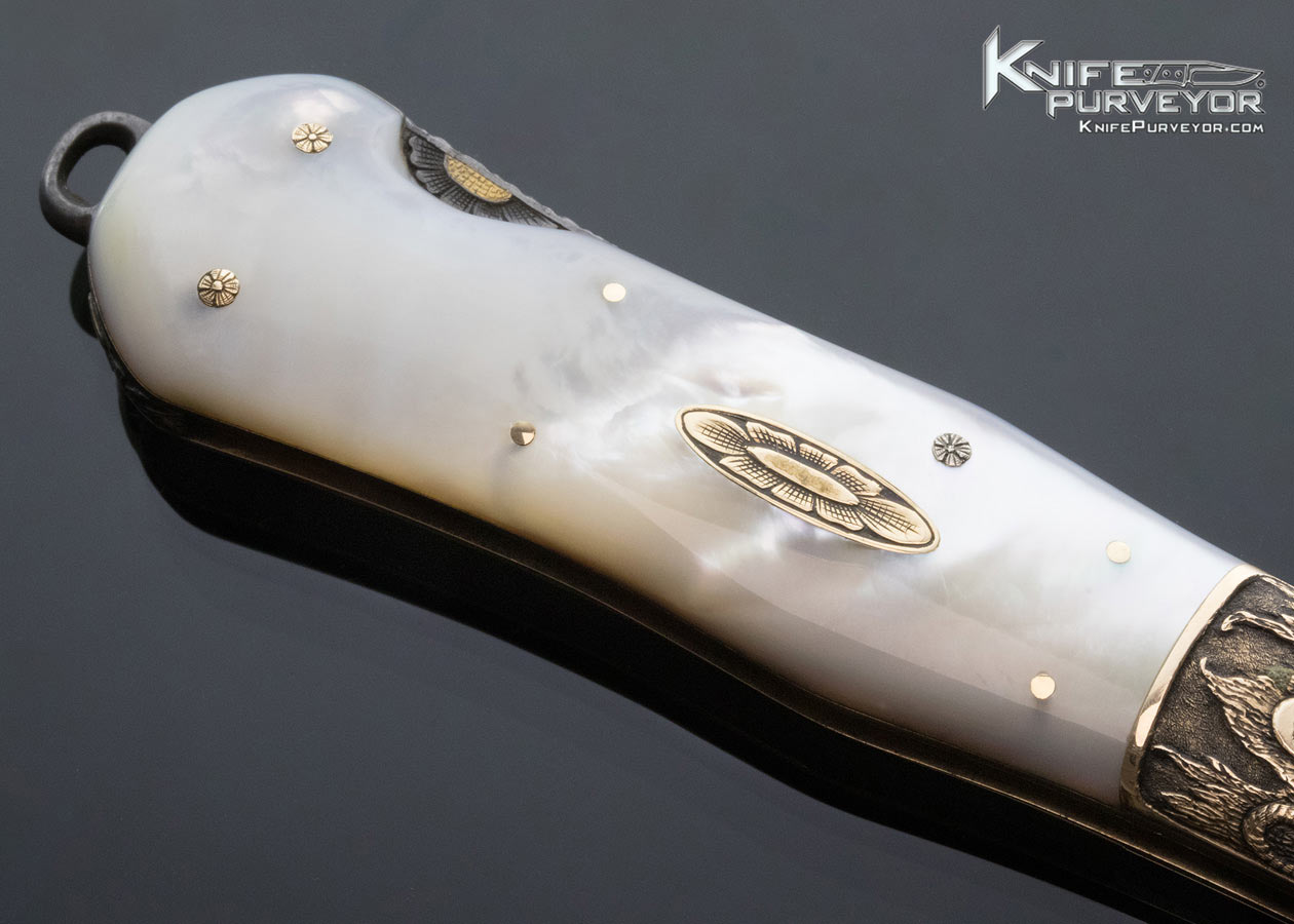 H.H. Frank Custom Knife October 10, 1992 Sole Authorship Engraved Gold Bolster Mother of Pearl Lockback Dagger with Gold Toothpick - Image 8