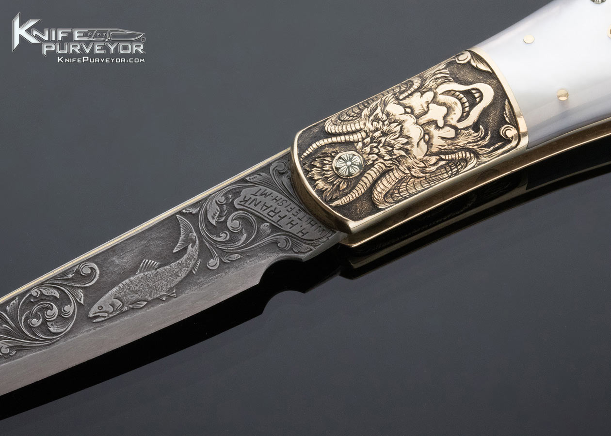 H.H. Frank Custom Knife October 10, 1992 Sole Authorship Engraved Gold Bolster Mother of Pearl Lockback Dagger with Gold Toothpick - Image 2
