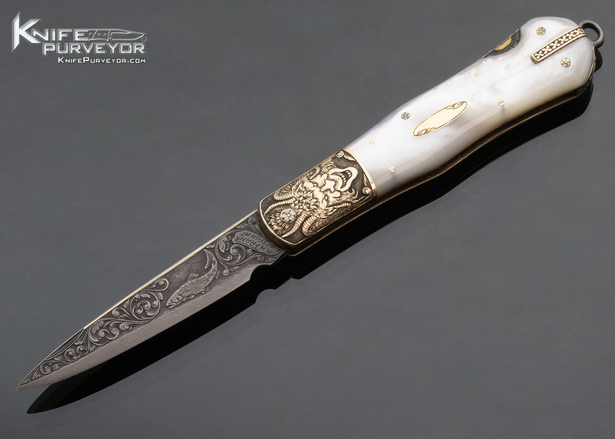 H.H. Frank Custom Knife October 10, 1992 Sole Authorship Engraved Gold Bolster Mother of Pearl Lockback Dagger with Gold Toothpick 14418