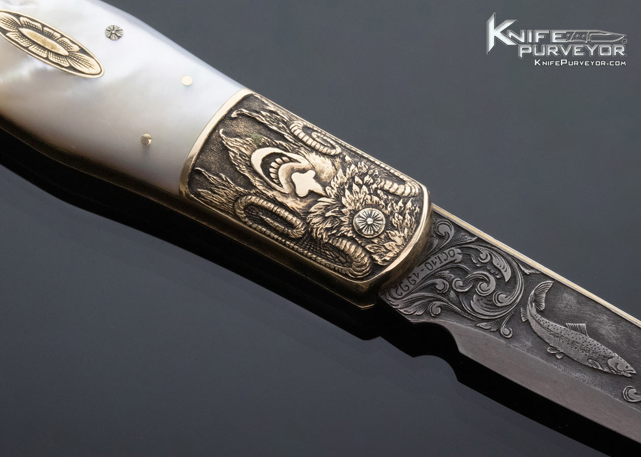 H.H. Frank Custom Knife October 10, 1992 Sole Authorship Engraved Gold Bolster Mother of Pearl Lockback Dagger with Gold Toothpick - Image 7
