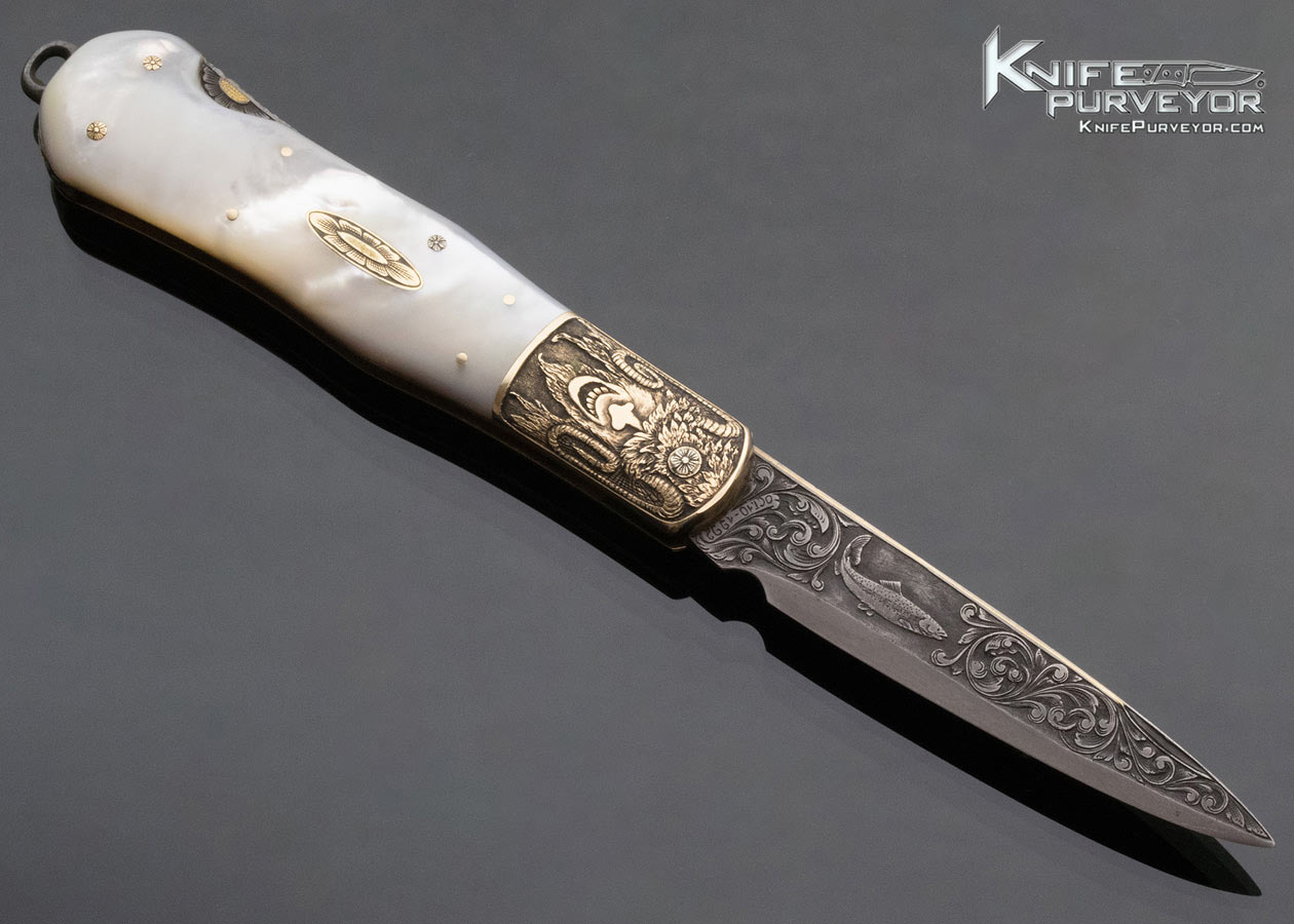 H.H. Frank Custom Knife October 10, 1992 Sole Authorship Engraved Gold Bolster Mother of Pearl Lockback Dagger with Gold Toothpick - Image 6