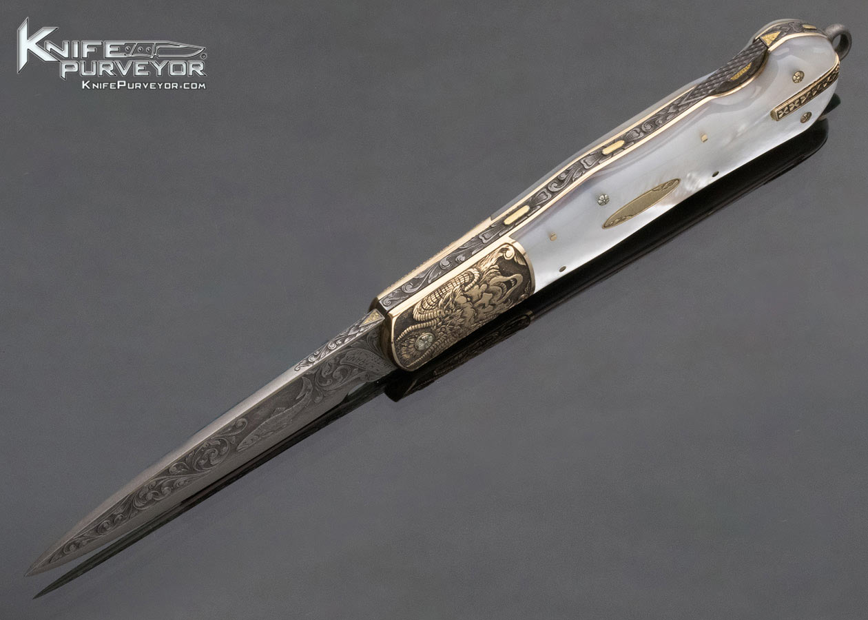 H.H. Frank Custom Knife October 10, 1992 Sole Authorship Engraved Gold Bolster Mother of Pearl Lockback Dagger with Gold Toothpick - Image 9