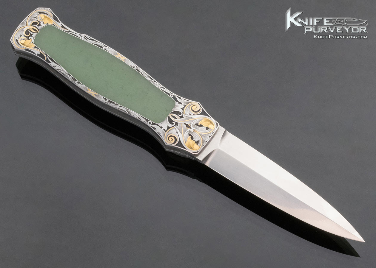 Jack Busfield Custom Knife Sam Alfano Engraved Green Jade Interframe lockback Dagger - Image 3